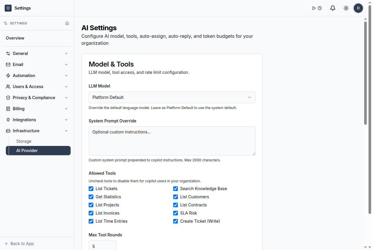 AI provider settings
