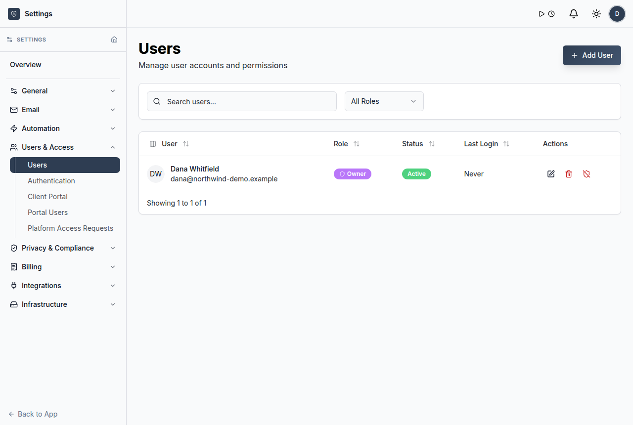 Users and roles list