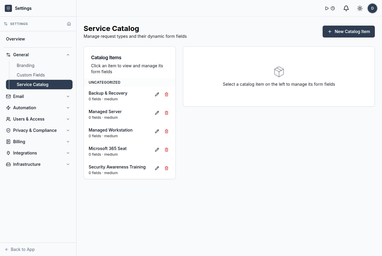 ShieldPSA product view for service catalog items